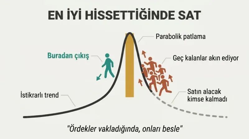 Rising price curve going parabolic then dropping, with a single teal figure exiting at the peak while terracotta crowd figures rush in below it.