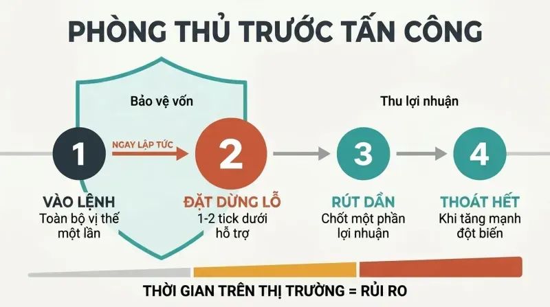 Four-step trade sequence flowing left to right, with a prominent shield highlighting the immediate stop-loss placement as the critical second step before any profit actions.