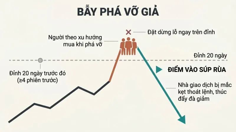 Simplified price path breaking above a 20-day high threshold then reversing sharply downward, showing where trend followers get trapped and where the counter-trade enters.