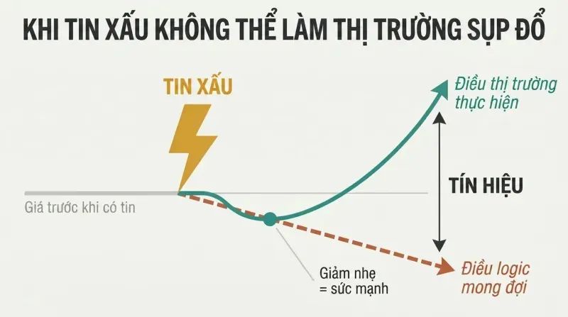 Fork diagram showing a market price line that dips briefly on bad news then rallies upward, diverging sharply from the expected crash path shown as a dashed declining line.