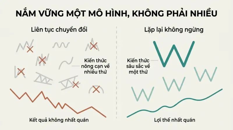 Split panel comparing scattered attention across many faded trading patterns on the left with deep focused mastery of one bold pattern on the right, showing how specialization produces consistency.