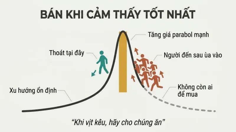 Rising price curve going parabolic then dropping, with a single teal figure exiting at the peak while terracotta crowd figures rush in below it.
