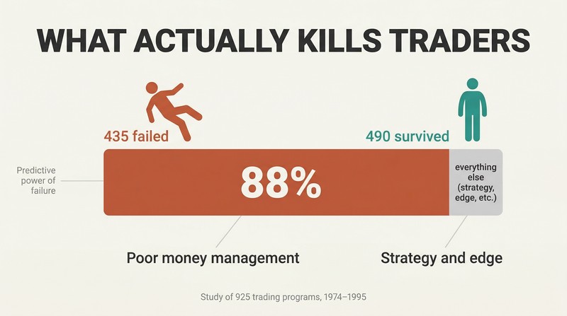 Proportional bar showing money management accounts for 88% of what predicts trader failure, dwarfing strategy as a factor.