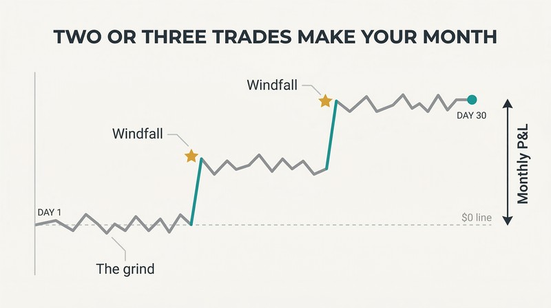 Monthly equity curve staying flat through many small trades, with two sharp upward steps representing the few windfall trades that produce nearly all profit.