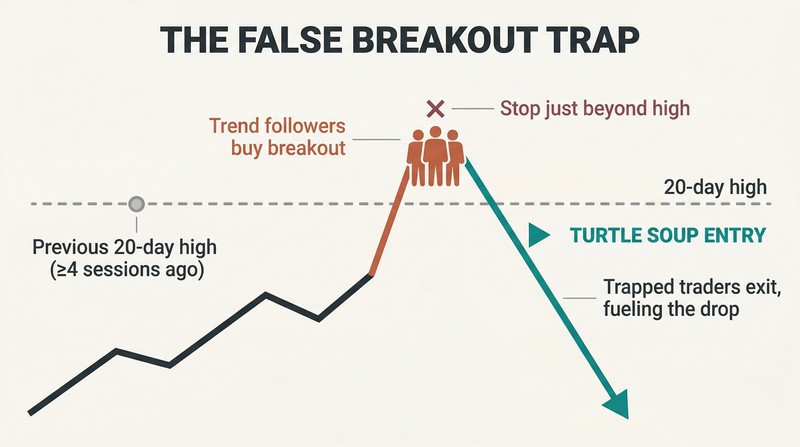 Simplified price path breaking above a 20-day high threshold then reversing sharply downward, showing where trend followers get trapped and where the counter-trade enters.