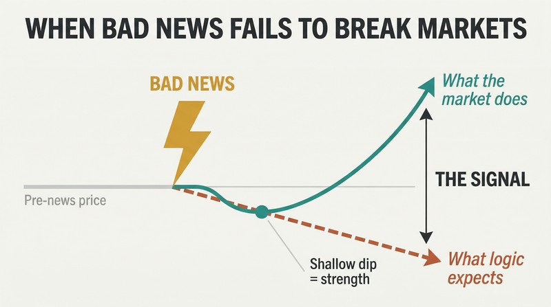 Fork diagram showing a market price line that dips briefly on bad news then rallies upward, diverging sharply from the expected crash path shown as a dashed declining line.