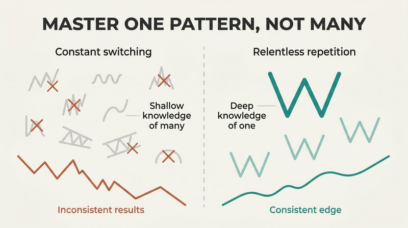 Split panel comparing scattered attention across many faded trading patterns on the left with deep focused mastery of one bold pattern on the right, showing how specialization produces consistency.