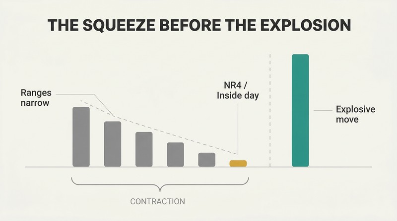 Progressively narrowing vertical range bars compress into a tight cluster before a single dramatically tall bar erupts, showing how quiet days precede explosive moves.