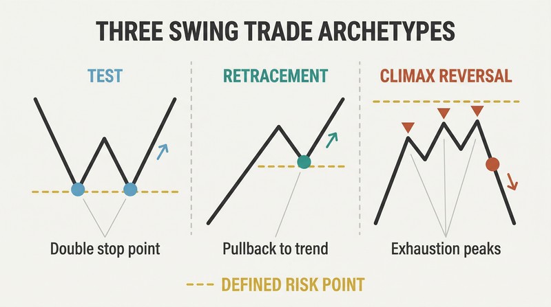Three side-by-side price action diagrams showing test, retracement, and climax reversal patterns, each marked with a shared protective stop level.