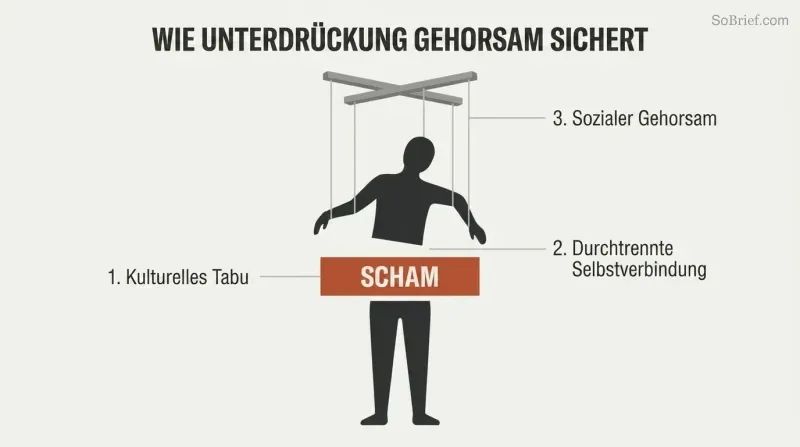 Diagram showing a human silhouette severed at the waist by a block labeled "SHAME", with puppet strings pulling the upper half to show how guilt leads to social compliance.