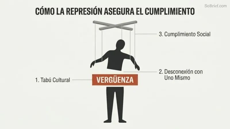 Diagram showing a human silhouette severed at the waist by a block labeled "SHAME", with puppet strings pulling the upper half to show how guilt leads to social compliance.
