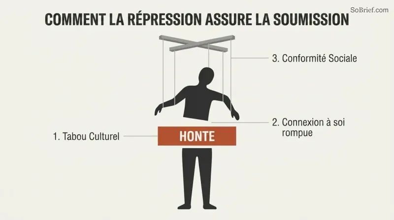 Diagram showing a human silhouette severed at the waist by a block labeled "SHAME", with puppet strings pulling the upper half to show how guilt leads to social compliance.
