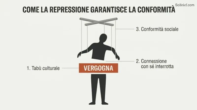 Diagram showing a human silhouette severed at the waist by a block labeled "SHAME", with puppet strings pulling the upper half to show how guilt leads to social compliance.