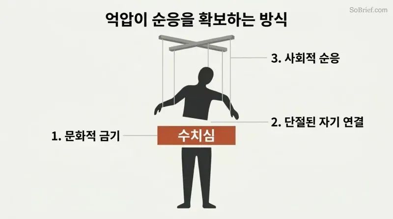 Diagram showing a human silhouette severed at the waist by a block labeled "SHAME", with puppet strings pulling the upper half to show how guilt leads to social compliance.