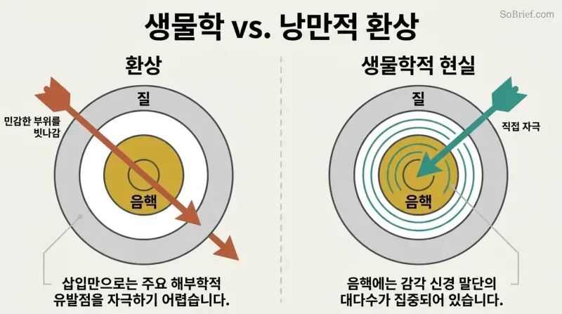 Split panel diagram comparing the target-miss of penetration alone versus the direct bullseye hit of clitoral stimulation for female orgasm.