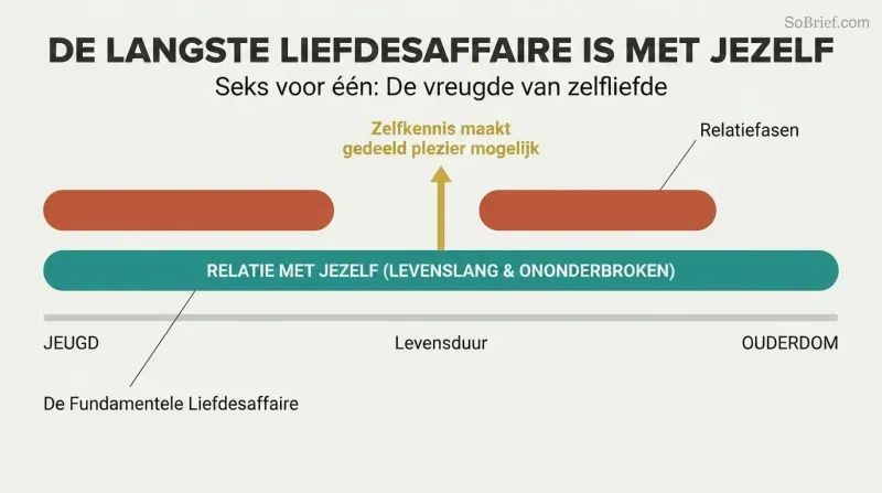 A comparison timeline depicting a continuous teal bar representing a lifelong self-relationship, contrasting with fragmented terracotta segments above representing intermittent partnered relationships.