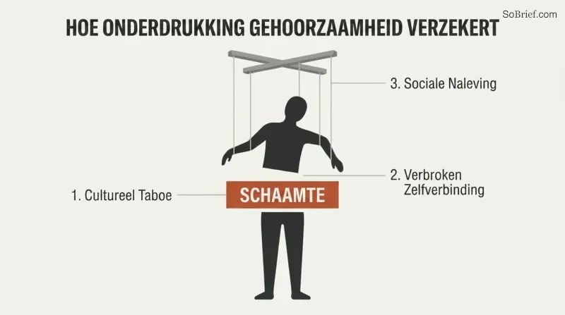 Diagram showing a human silhouette severed at the waist by a block labeled "SHAME", with puppet strings pulling the upper half to show how guilt leads to social compliance.
