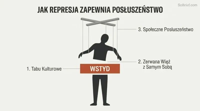 Diagram showing a human silhouette severed at the waist by a block labeled "SHAME", with puppet strings pulling the upper half to show how guilt leads to social compliance.