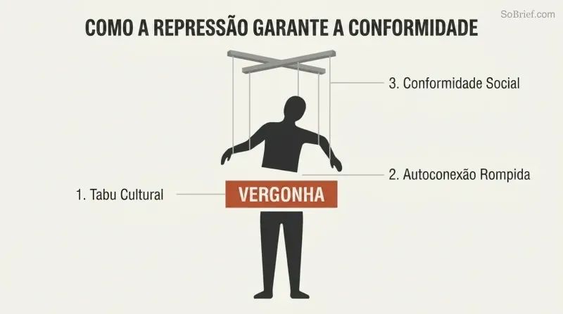 Diagram showing a human silhouette severed at the waist by a block labeled "SHAME", with puppet strings pulling the upper half to show how guilt leads to social compliance.
