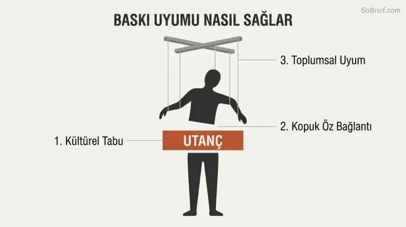 Diagram showing a human silhouette severed at the waist by a block labeled "SHAME", with puppet strings pulling the upper half to show how guilt leads to social compliance.