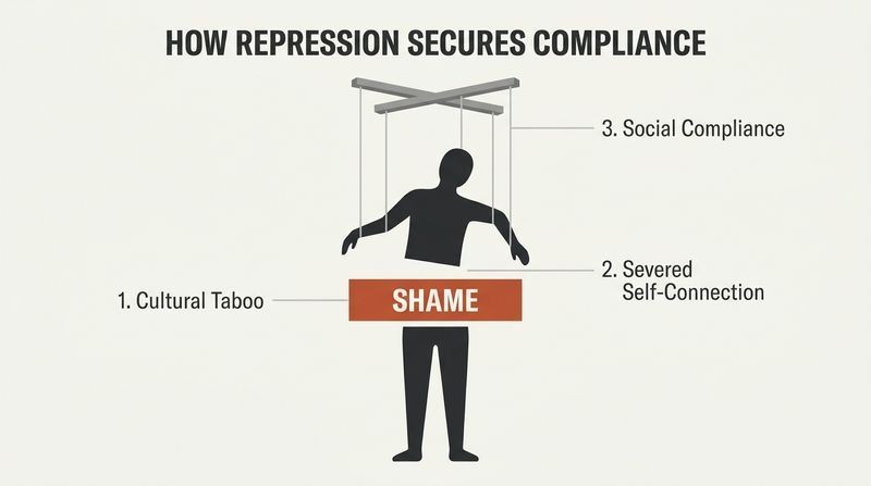 Diagram showing a human silhouette severed at the waist by a block labeled "SHAME", with puppet strings pulling the upper half to show how guilt leads to social compliance.