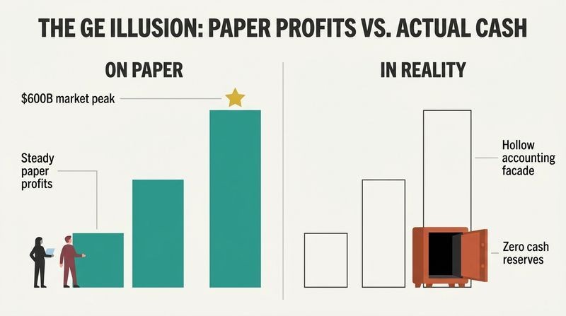 A split-panel diagram contrasting solid teal profit bars representing "Paper Profits" on the left with matching hollow wireframe bars and an empty vault representing "Zero Cash" on the right.