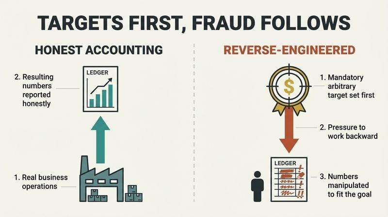 Split-panel diagram contrasting bottom-up honest accounting—where real operations dictate numbers—with GE's top-down reverse-engineered accounting, where arbitrary targets force fabricated data.