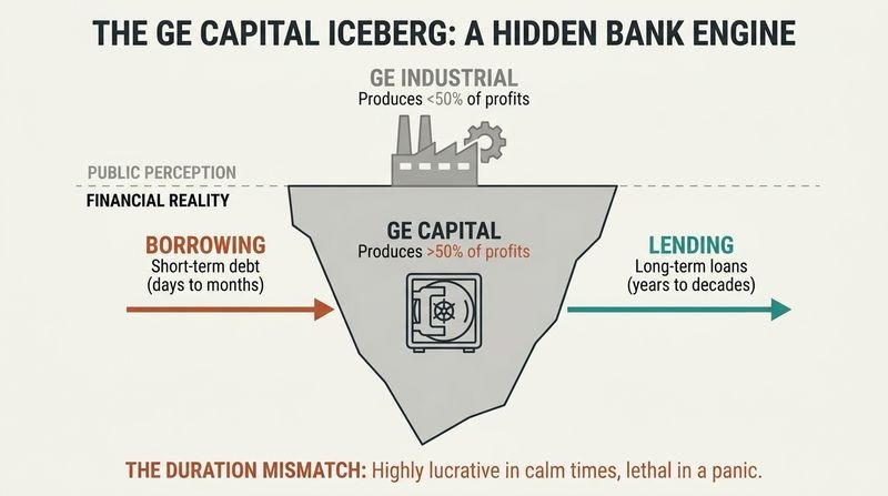 A visual comparison showing GE's small industrial sector above water and its massive, risky financial operation below.