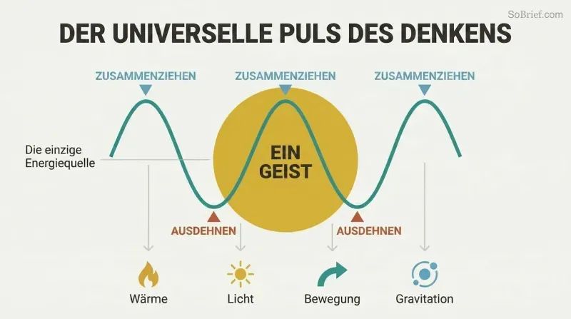 Central radiant circle representing Thinking Mind emits a sine wave oscillating between contraction peaks and expansion troughs, with icons for heat, light, motion, and gravitation branching outward as generated outputs.