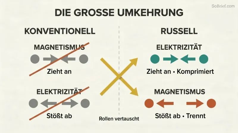 Split panel comparing conventional and Russell's views, showing electricity and magnetism swapping their attract and repel roles with crossing arrows at the divider.