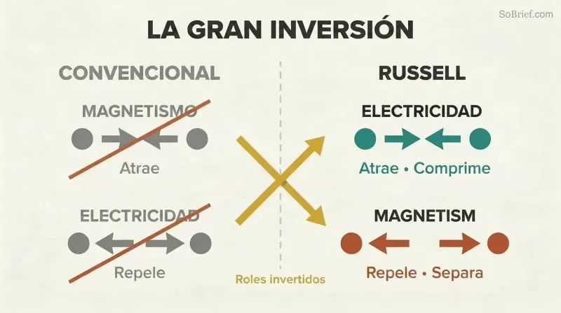 Split panel comparing conventional and Russell's views, showing electricity and magnetism swapping their attract and repel roles with crossing arrows at the divider.