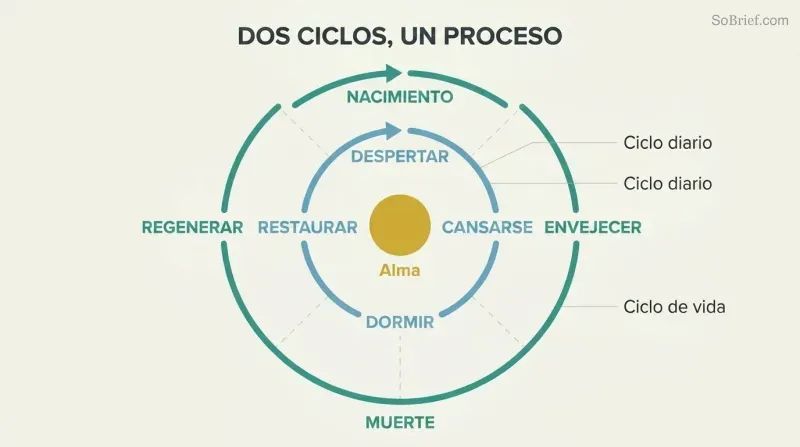 Two concentric circular loops showing the daily sleep-wake cycle inside the larger death-rebirth cycle, with a persistent soul at the shared center.