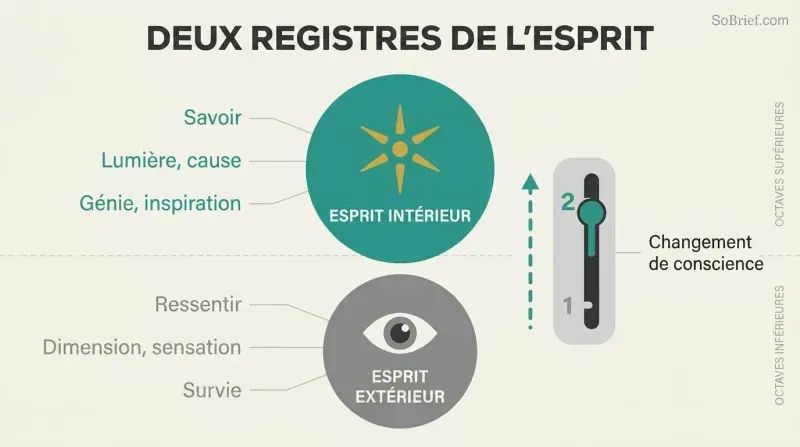 Vertical two-zone diagram with a gear shift lever showing the outer sensing mind in the lower register and the inner knowing Mind in the higher register.