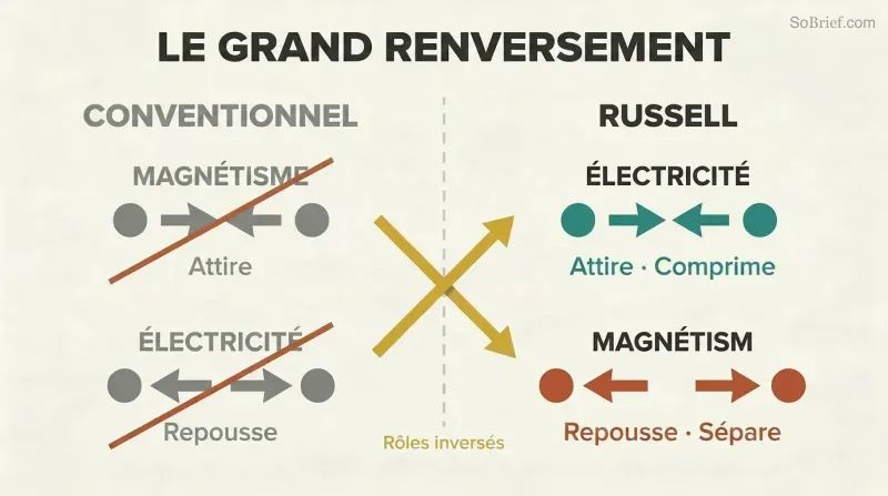 Split panel comparing conventional and Russell's views, showing electricity and magnetism swapping their attract and repel roles with crossing arrows at the divider.