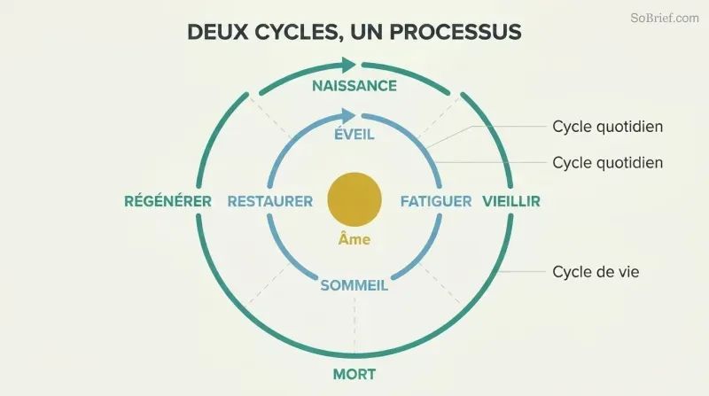 Two concentric circular loops showing the daily sleep-wake cycle inside the larger death-rebirth cycle, with a persistent soul at the shared center.