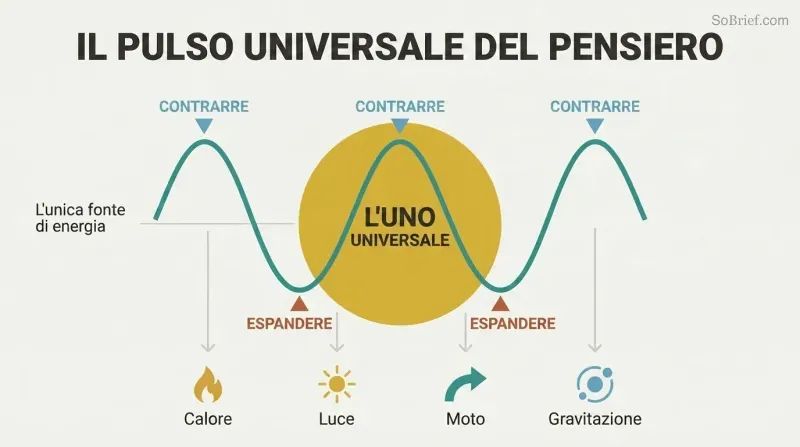 Central radiant circle representing Thinking Mind emits a sine wave oscillating between contraction peaks and expansion troughs, with icons for heat, light, motion, and gravitation branching outward as generated outputs.