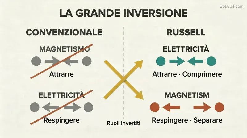 Split panel comparing conventional and Russell's views, showing electricity and magnetism swapping their attract and repel roles with crossing arrows at the divider.