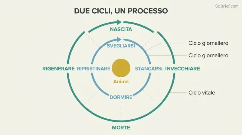 Two concentric circular loops showing the daily sleep-wake cycle inside the larger death-rebirth cycle, with a persistent soul at the shared center.