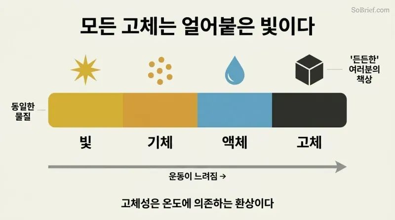 Horizontal spectrum showing light transforming through gas, liquid, and solid states as motion progressively slows, revealing solidity as crystallized energy.