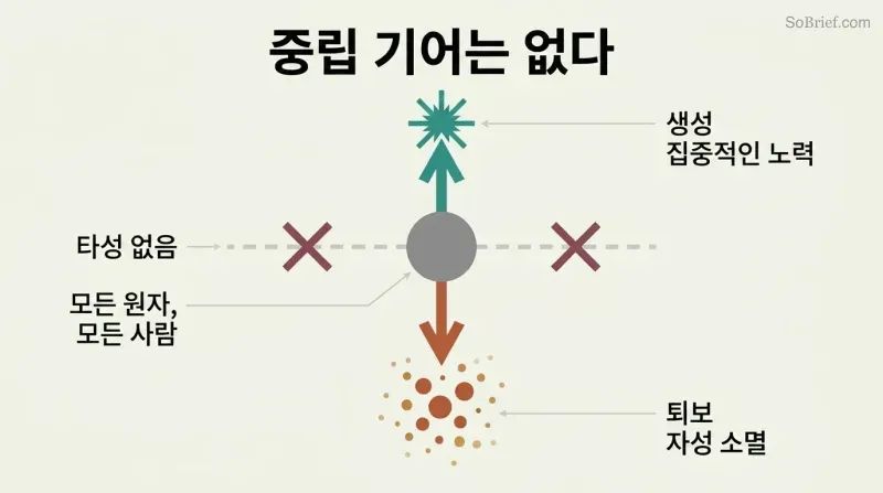Vertical fork showing a central circle with only two paths — upward toward generation or downward toward degeneration — with a crossed-out horizontal "coast" arrow emphasizing there is no third option.