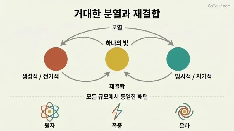 Cycle diagram showing one unified light source dividing into two opposing poles and reuniting, with atom, lightning, and galaxy icons showing the pattern repeats at every scale.