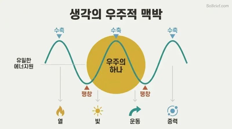 Central radiant circle representing Thinking Mind emits a sine wave oscillating between contraction peaks and expansion troughs, with icons for heat, light, motion, and gravitation branching outward as generated outputs.