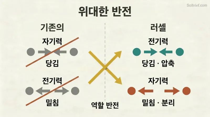 Split panel comparing conventional and Russell's views, showing electricity and magnetism swapping their attract and repel roles with crossing arrows at the divider.