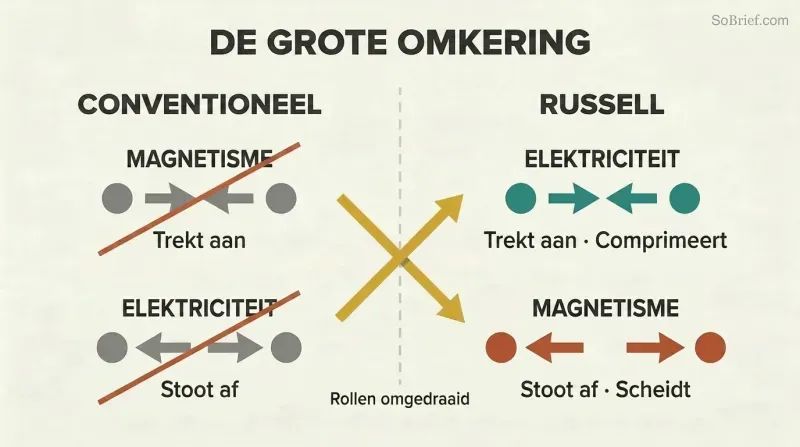 Split panel comparing conventional and Russell's views, showing electricity and magnetism swapping their attract and repel roles with crossing arrows at the divider.