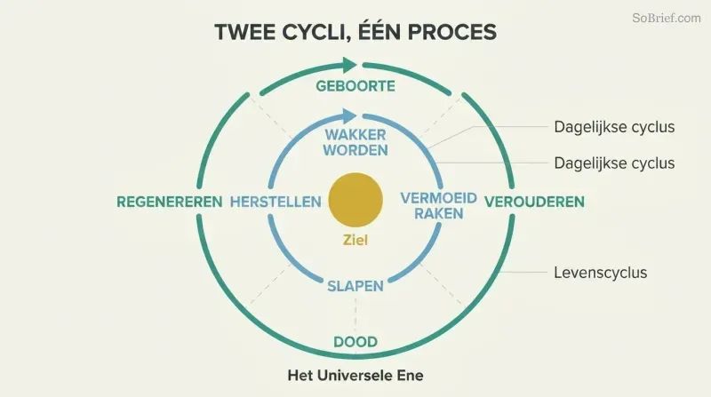 Two concentric circular loops showing the daily sleep-wake cycle inside the larger death-rebirth cycle, with a persistent soul at the shared center.