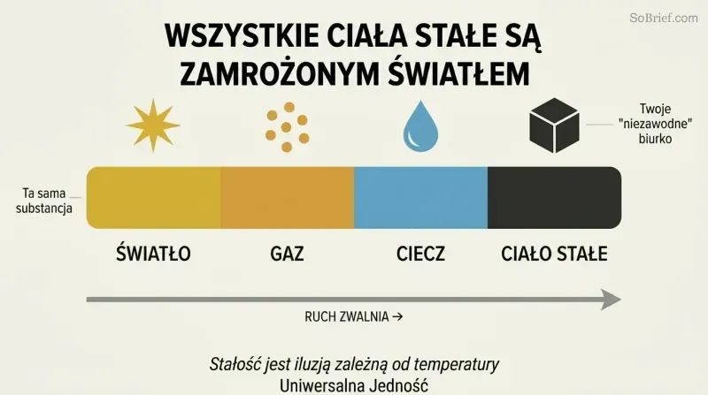 Horizontal spectrum showing light transforming through gas, liquid, and solid states as motion progressively slows, revealing solidity as crystallized energy.