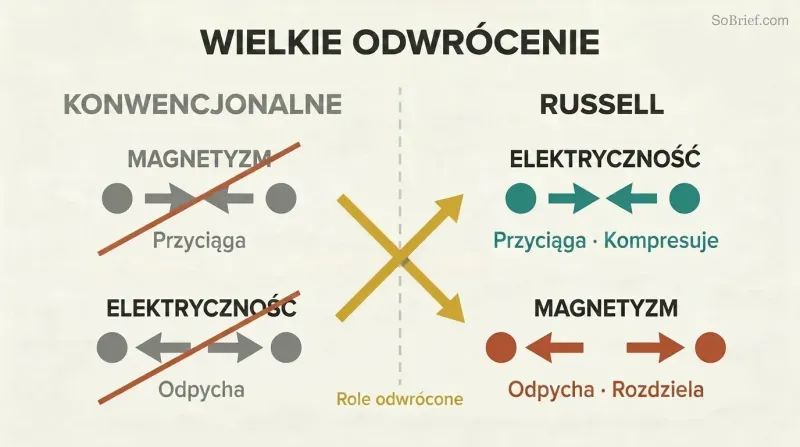 Split panel comparing conventional and Russell's views, showing electricity and magnetism swapping their attract and repel roles with crossing arrows at the divider.