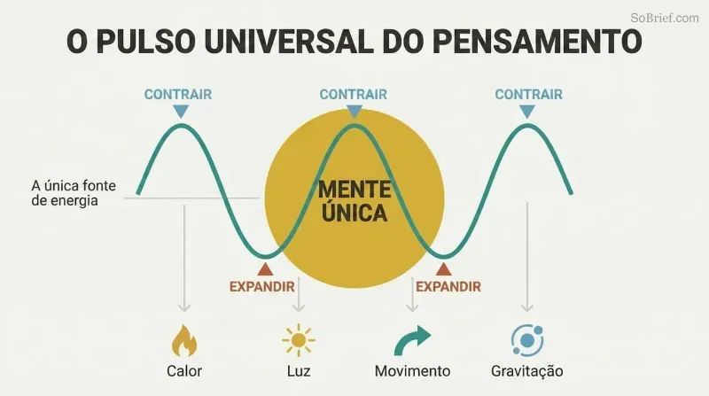 Central radiant circle representing Thinking Mind emits a sine wave oscillating between contraction peaks and expansion troughs, with icons for heat, light, motion, and gravitation branching outward as generated outputs.