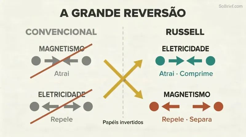 Split panel comparing conventional and Russell's views, showing electricity and magnetism swapping their attract and repel roles with crossing arrows at the divider.