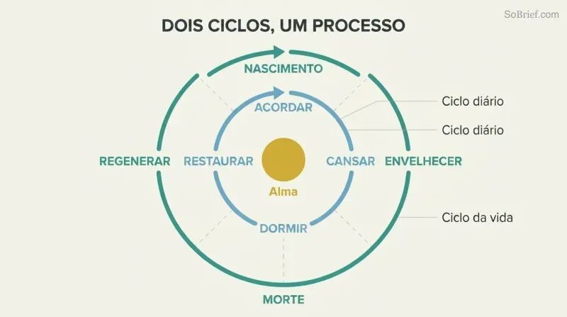 Two concentric circular loops showing the daily sleep-wake cycle inside the larger death-rebirth cycle, with a persistent soul at the shared center.